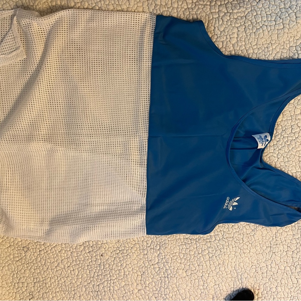 Adidas vintage nylon and mesh, White blue Tank Top